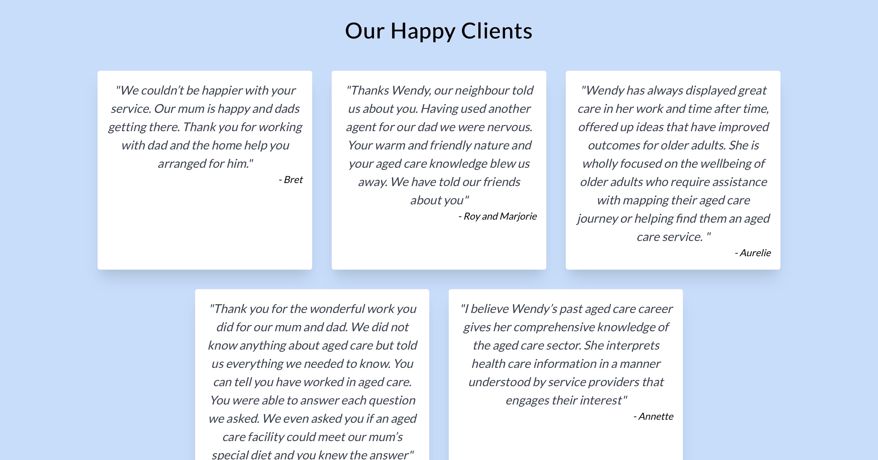 The testimonials section